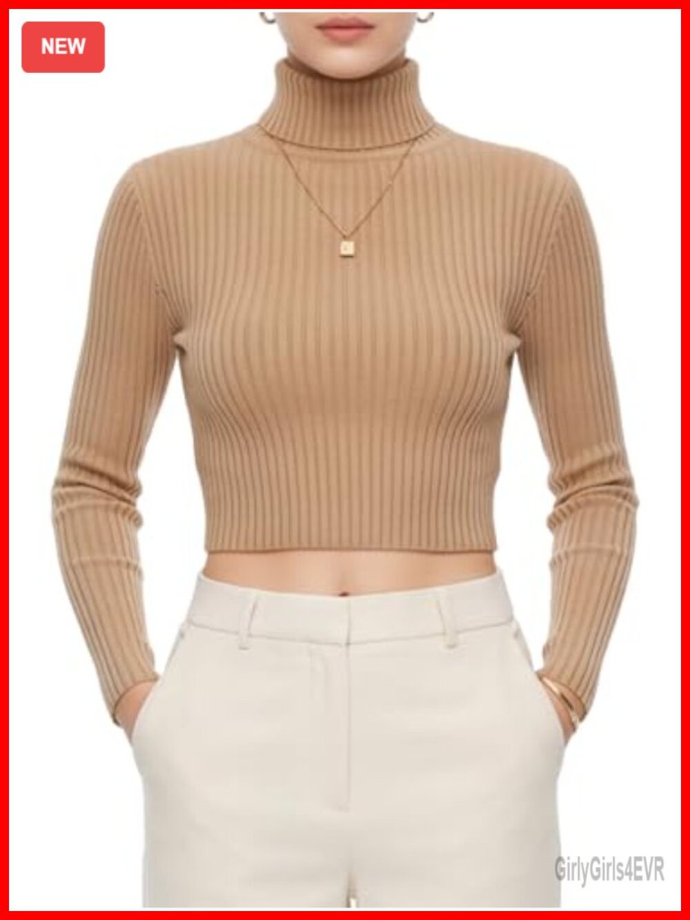 Cropped Ribbed Turtleneck Sweater Slim Fit Knit Pullover